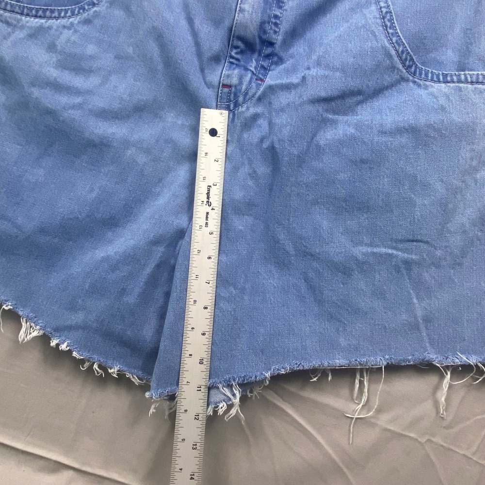 A-Lab Womens Y2K Denim Shorts Size 38 Blue Raw Hem Rave Skater Graphic Patch - Picture 7 of 14